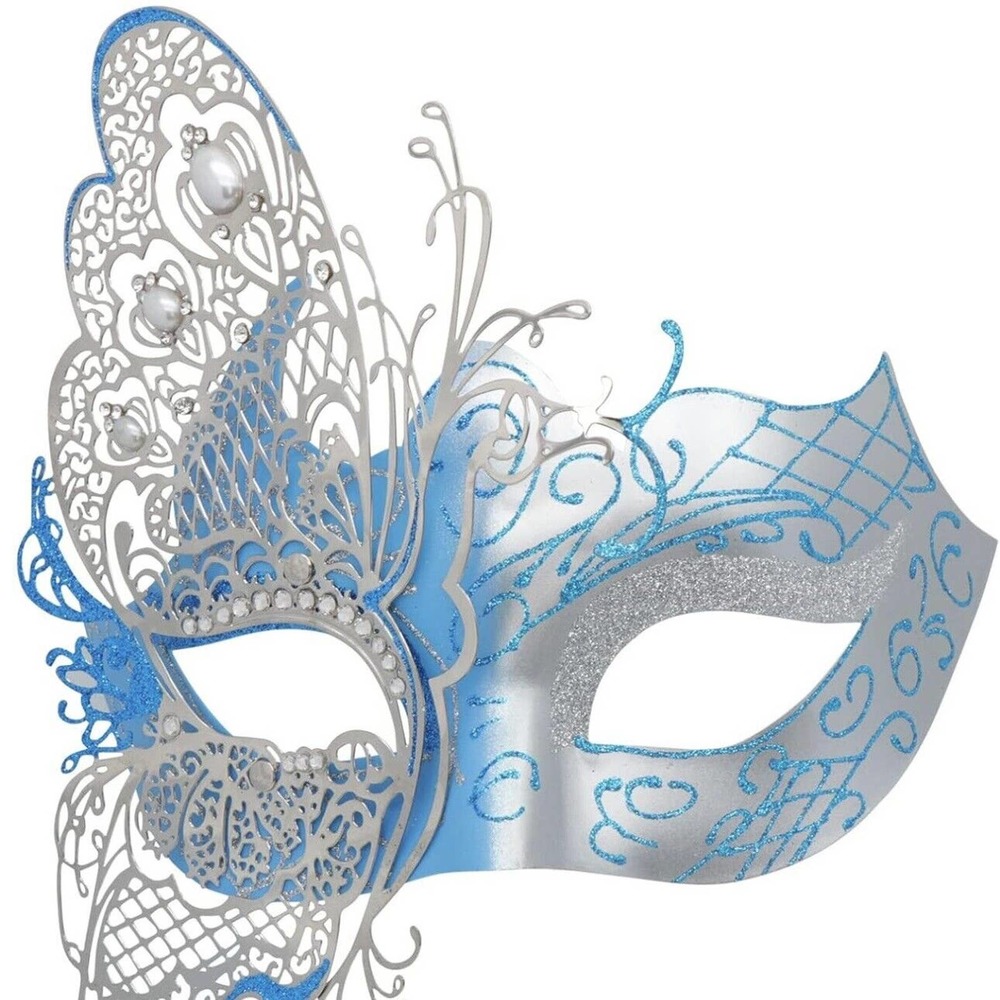Masquerade Ball Eye Mask -Blue/Silver Butterfly Mardi Gras, Halloween Party